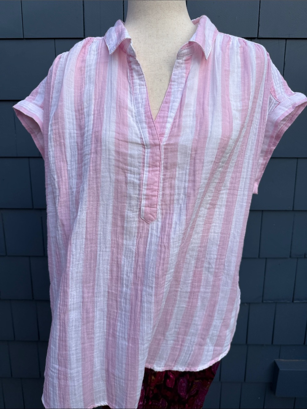 St. John's Bay Pink and White Striped Short-Sleeve Popover Tunic gauze XL